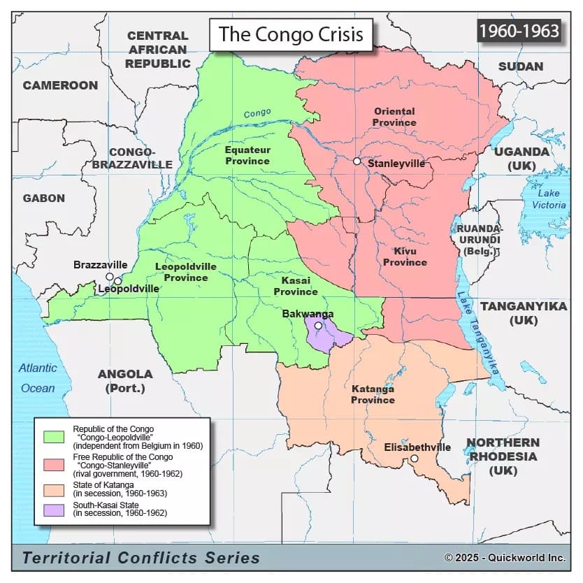 Examine the illustrative map of the Congo Republic during the Congo Crisis in 1960-1963.